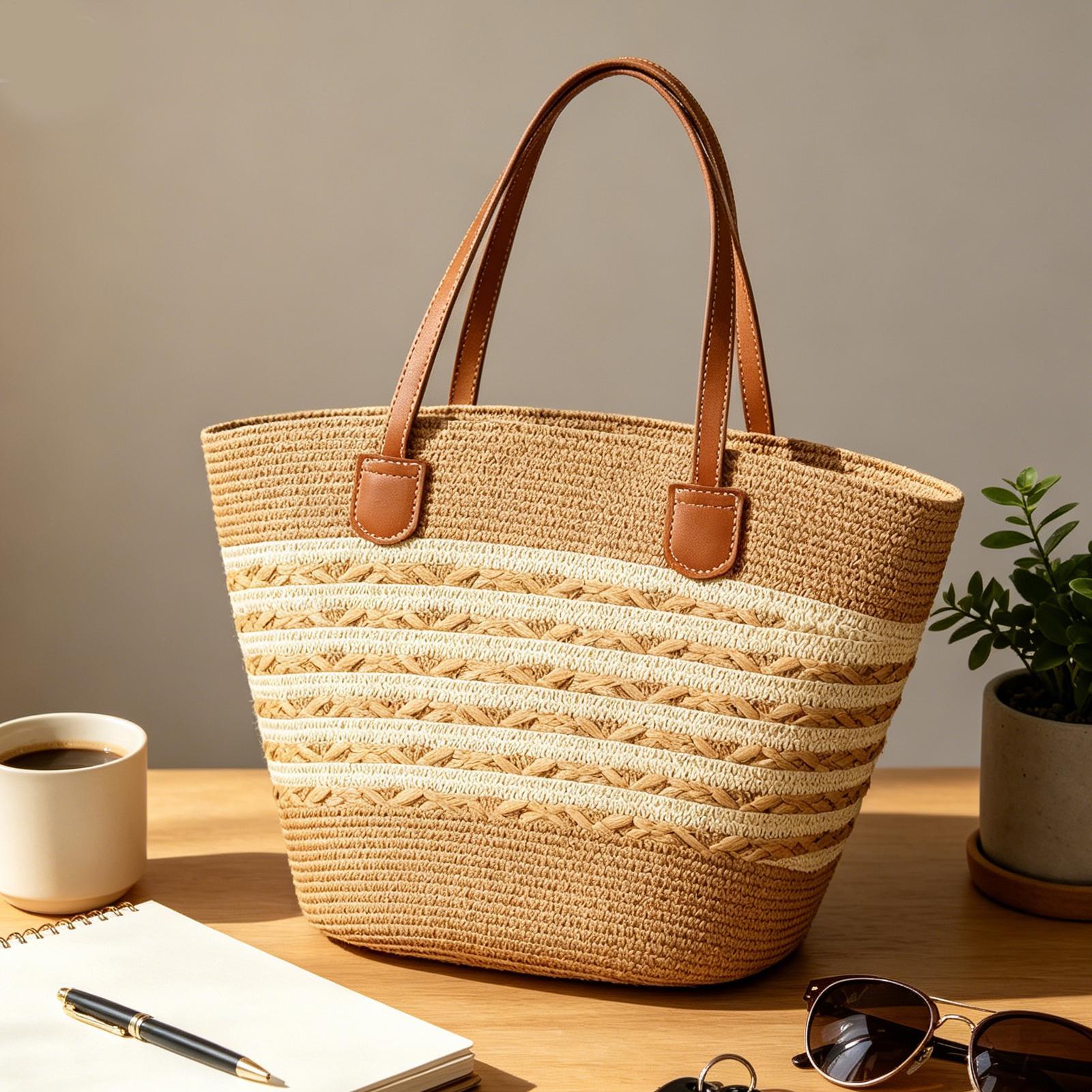 우아하고 세련된 새로운 대형 보헤미안 스타일 밀짚 토트 - Women Bags Office 리뷰 및 가격
